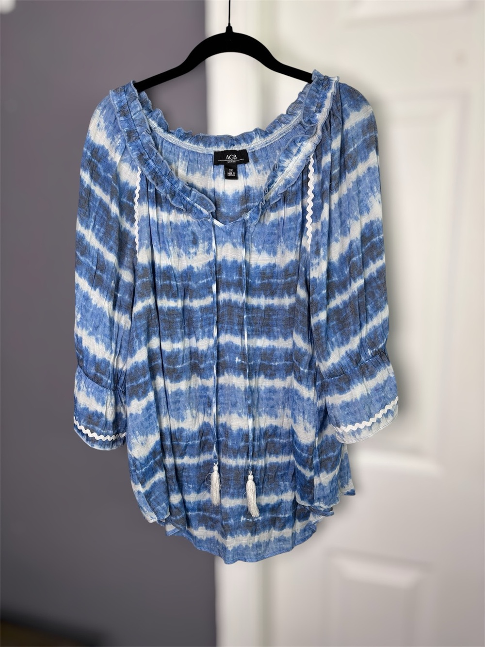 AGB Blue & White Tie Dye Tasseled Long Sleeve Blouse 2X